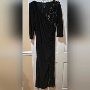 R&M Richards Dress 12 Black Maxi Side Slit Ruched Lace Overlay Formal Gown